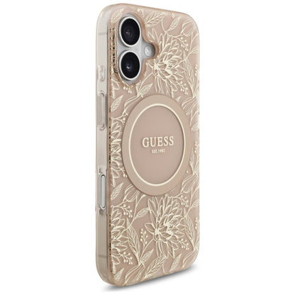 Husa MagSafe za Apple iPhone 17, Guess, IML Flowers Allover Electroplated with Pearl Strap, Crna