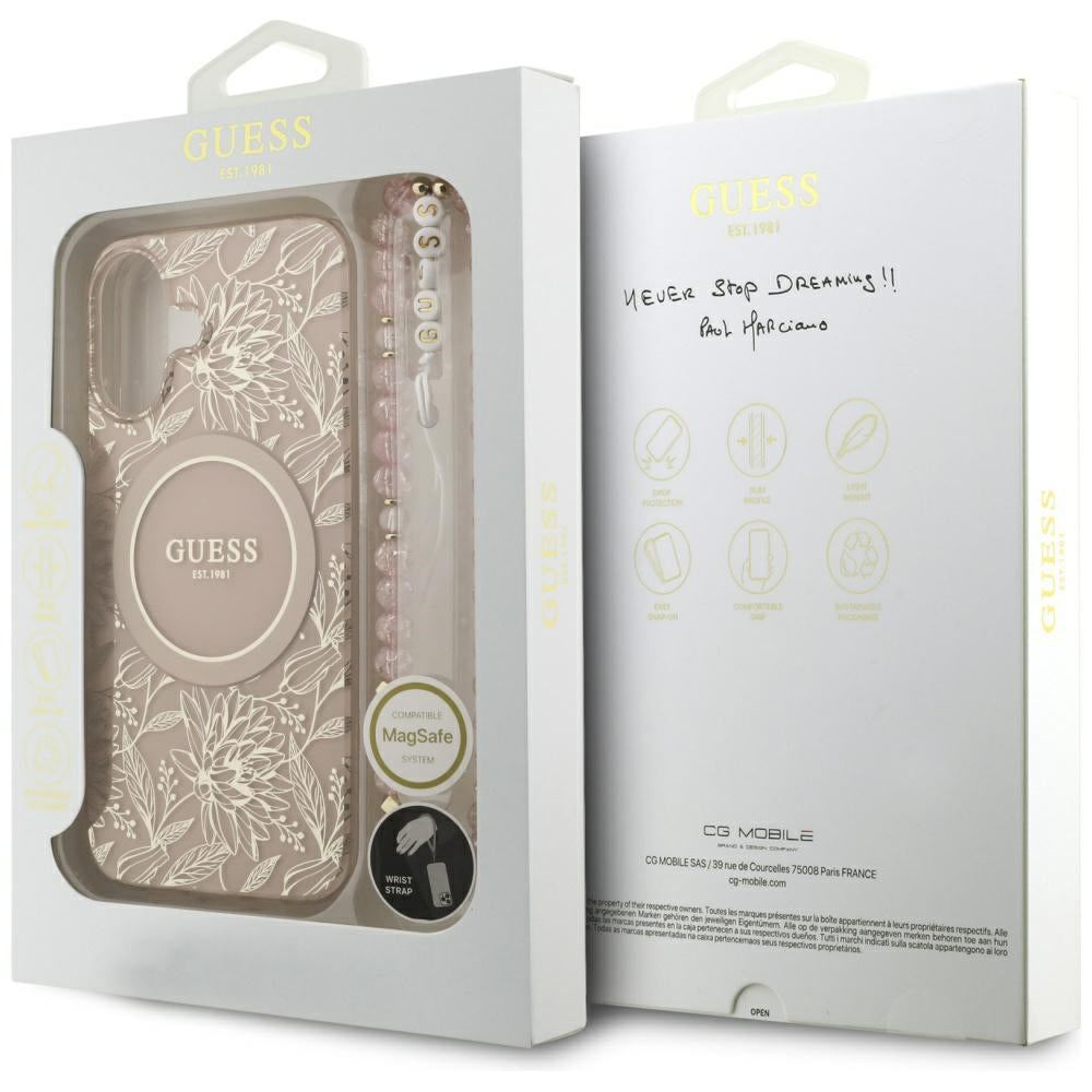 Husa MagSafe za Apple iPhone 17, Guess, IML Flowers Allover Electroplated with Pearl Strap, Crna