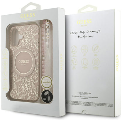 Husa MagSafe za Apple iPhone 17, Guess, IML Flowers Allover Electroplated with Pearl Strap, Crna