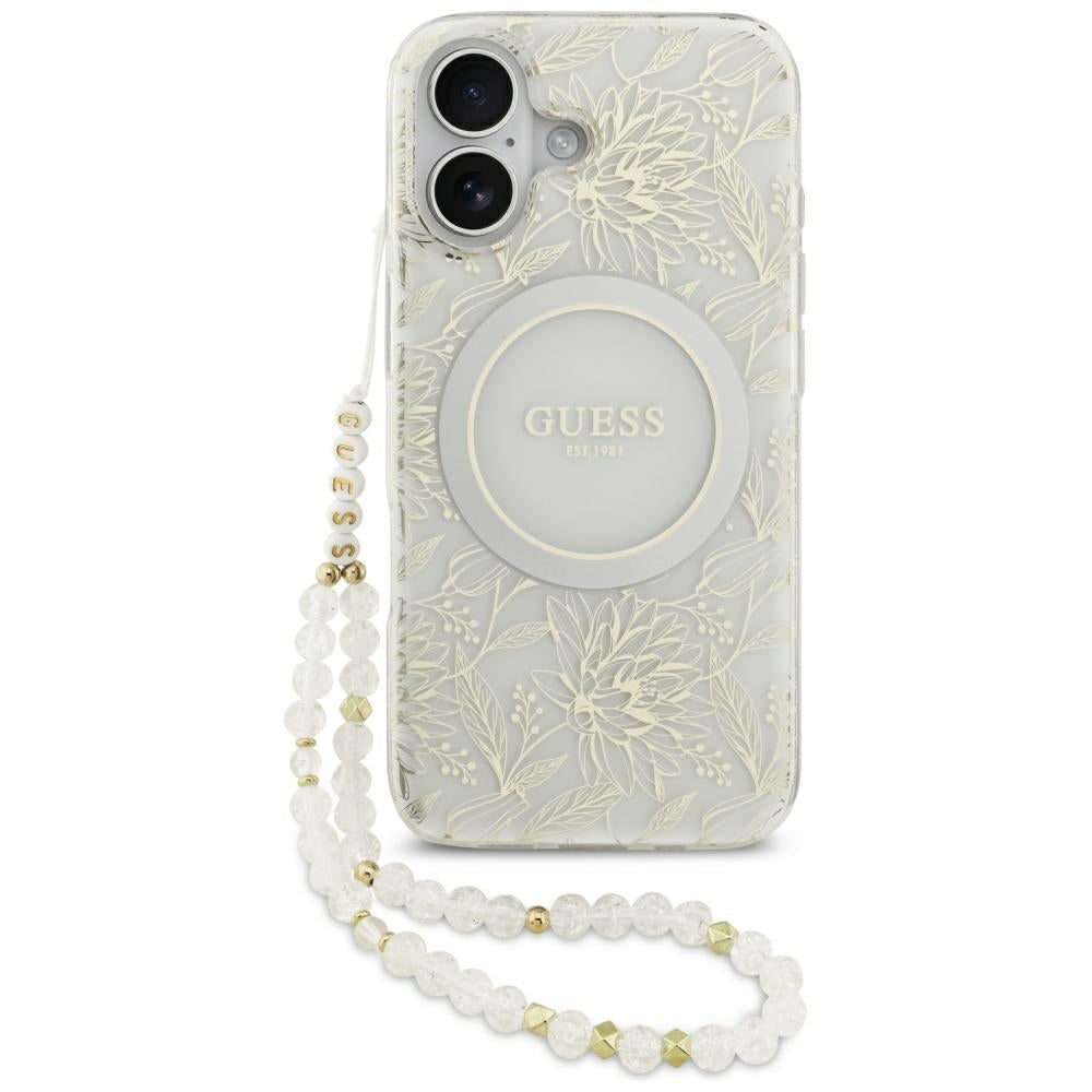 MagSafe torbica za Apple iPhone 17, Guess, IML Flowers with Pearl Strap, Bijela