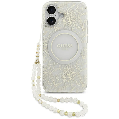 MagSafe torbica za Apple iPhone 17, Guess, IML Flowers with Pearl Strap, Bijela
