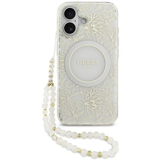 MagSafe torbica za Apple iPhone 17, Guess, IML Flowers with Pearl Strap, Bijela