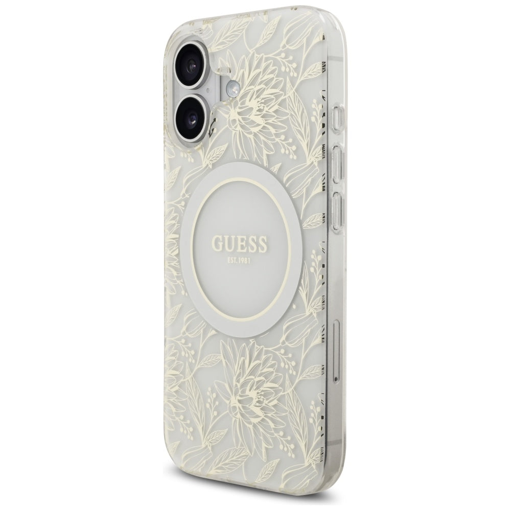 MagSafe torbica za Apple iPhone 17, Guess, IML Flowers with Pearl Strap, Bijela