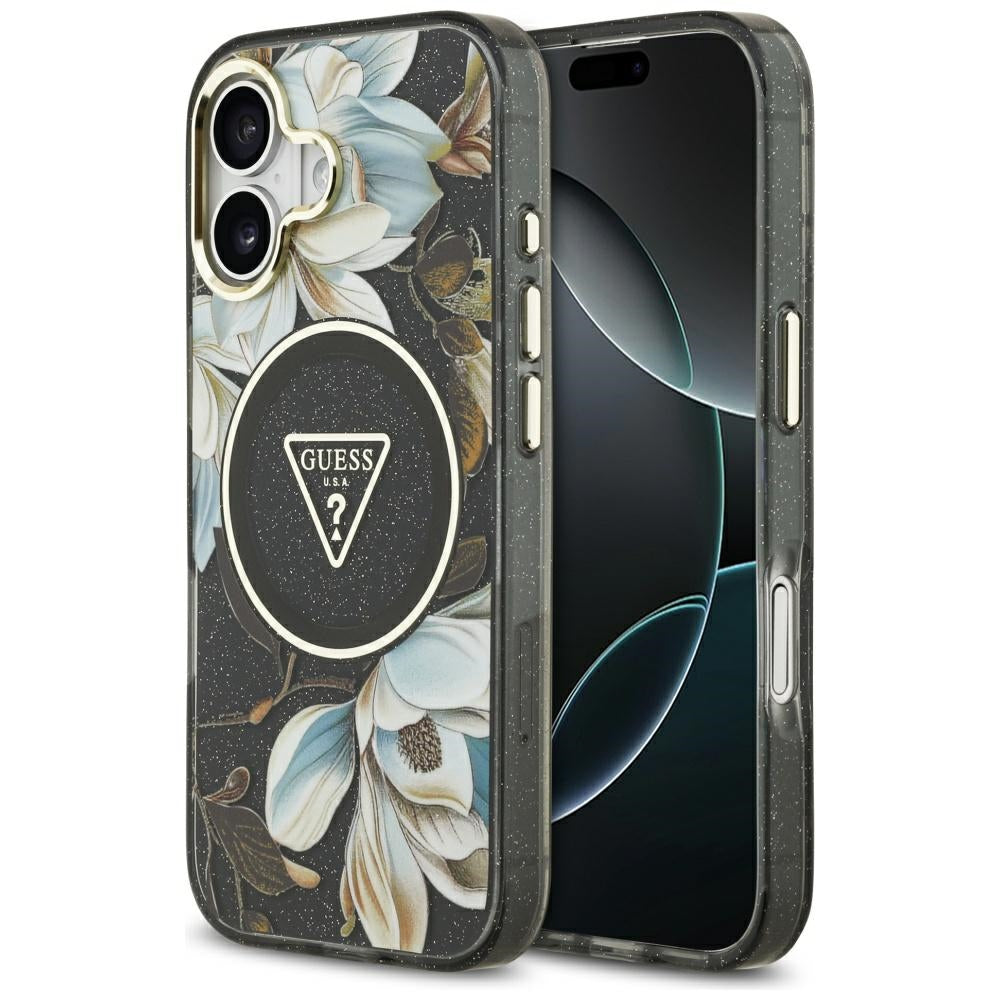 Futrola MagSafe za Apple iPhone 17, Guess, IML Metal Glitter Flowers Triangle, Crna