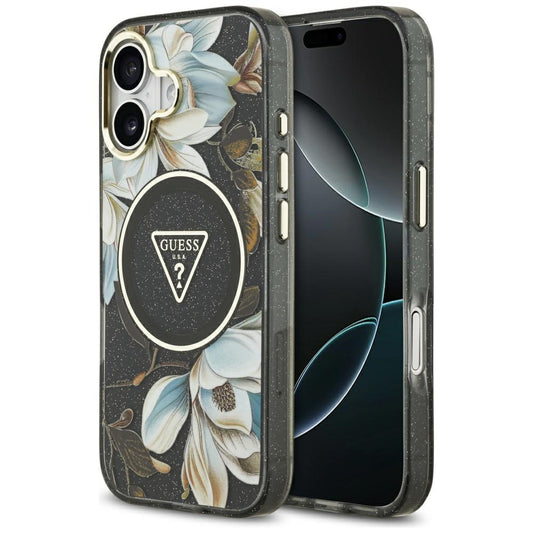 Futrola MagSafe za Apple iPhone 17, Guess, IML Metal Glitter Flowers Triangle, Crna