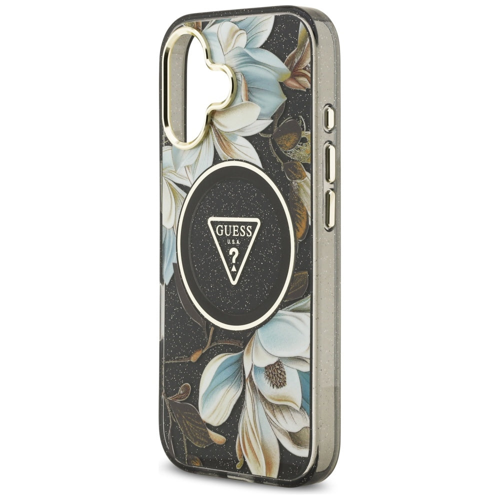 Futrola MagSafe za Apple iPhone 17, Guess, IML Metal Glitter Flowers Triangle, Crna