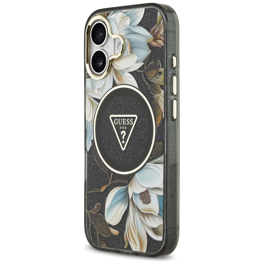 Futrola MagSafe za Apple iPhone 17, Guess, IML Metal Glitter Flowers Triangle, Crna