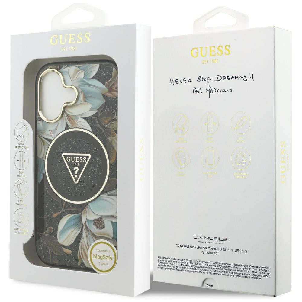 Futrola MagSafe za Apple iPhone 17, Guess, IML Metal Glitter Flowers Triangle, Crna