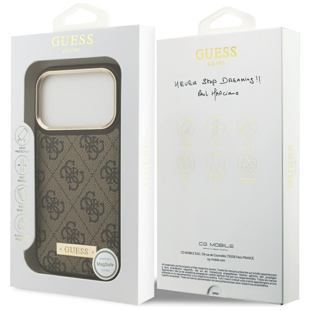 MagSafe futrola za Apple iPhone 17 Pro, Guess, 4G Logo Plate, smeđa