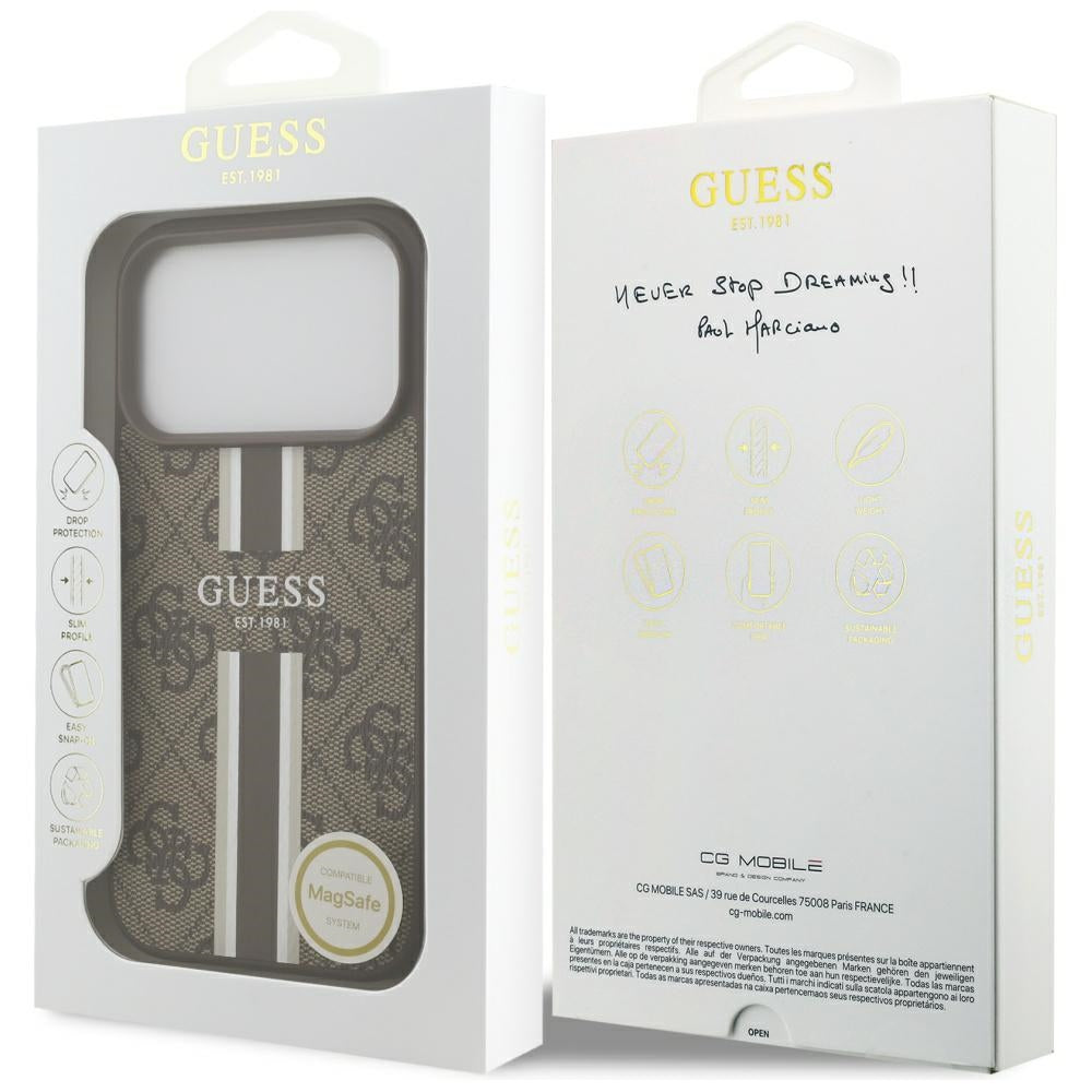 MagSafe futrola za Apple iPhone 17 Pro, Guess, 4G Printed Stripes, smeđa