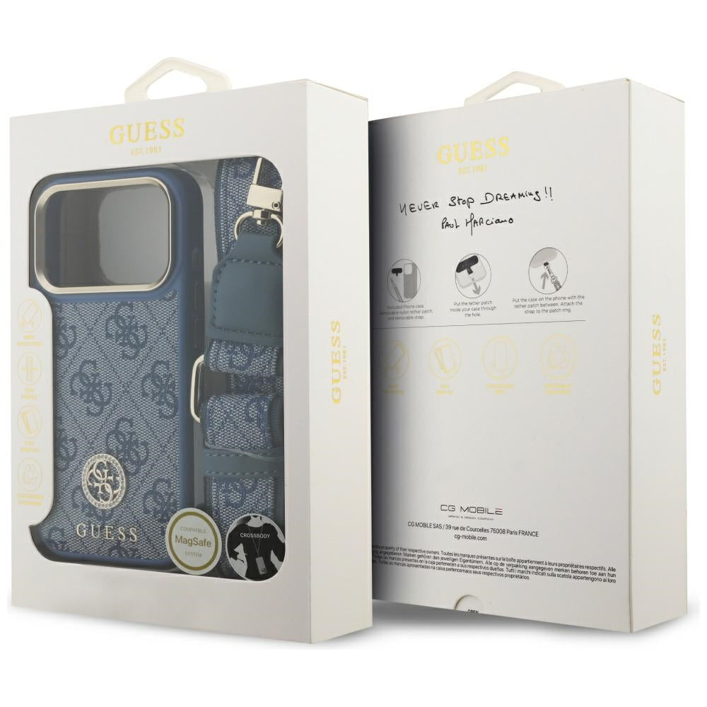 MagSafe futrola za Apple iPhone 17 Pro, Guess, 4G Strass Logo with Big Strap, Plava