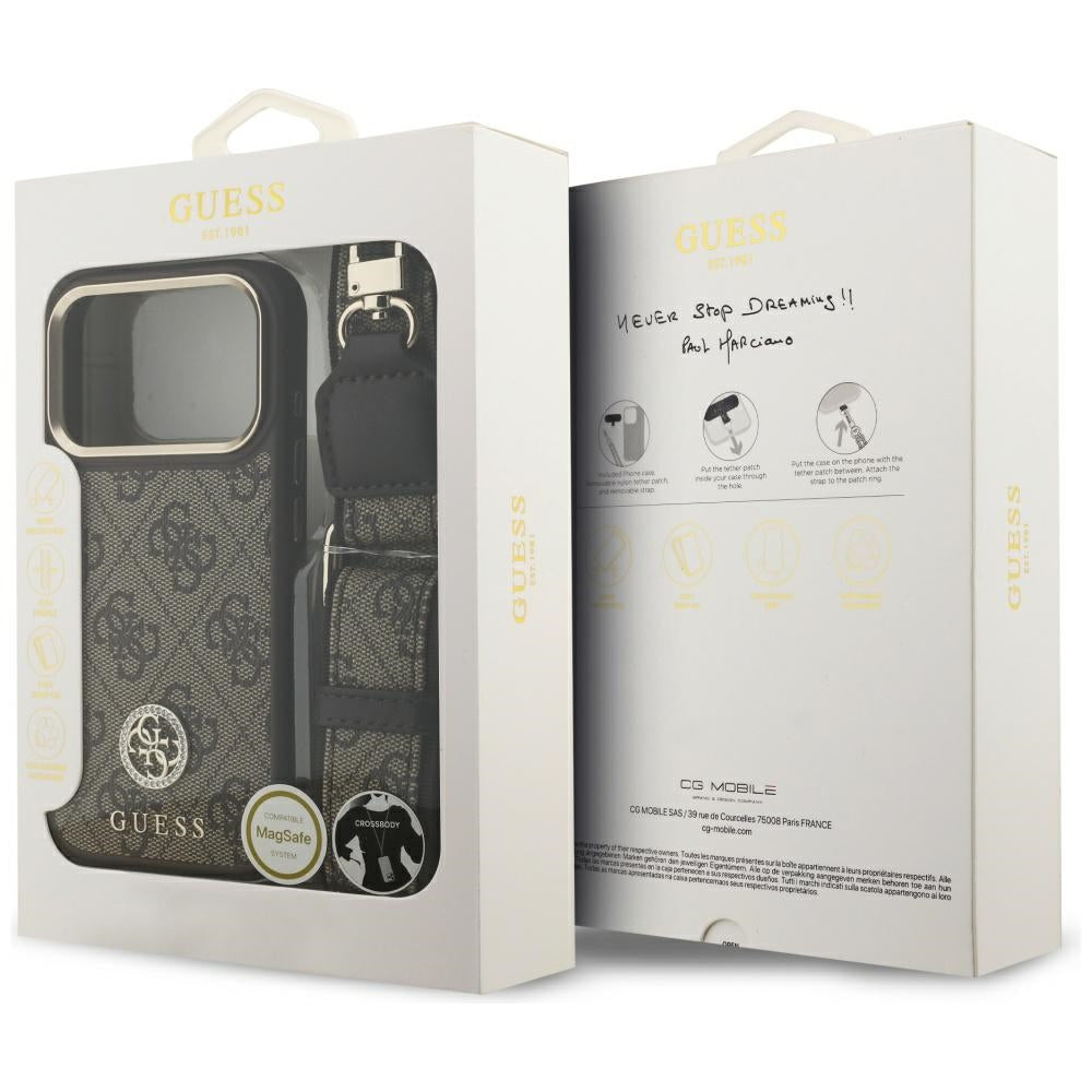 MagSafe futrola za Apple iPhone 17 Pro, Guess, 4G Strass Logo with Big Strap, Smeđa