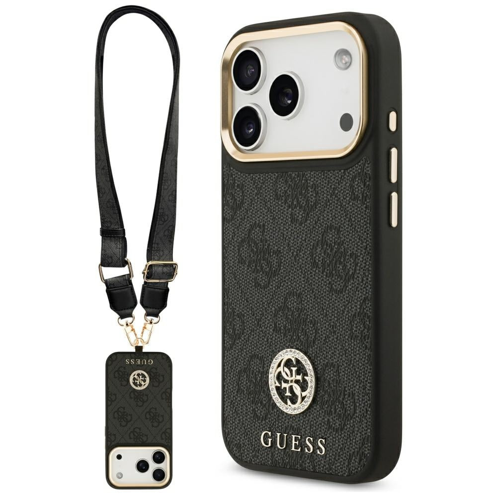MagSafe futrola za Apple iPhone 17 Pro, Guess, 4G Strass Logo with Big Strap, Crna