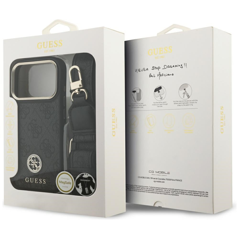 MagSafe futrola za Apple iPhone 17 Pro, Guess, 4G Strass Logo with Big Strap, Crna