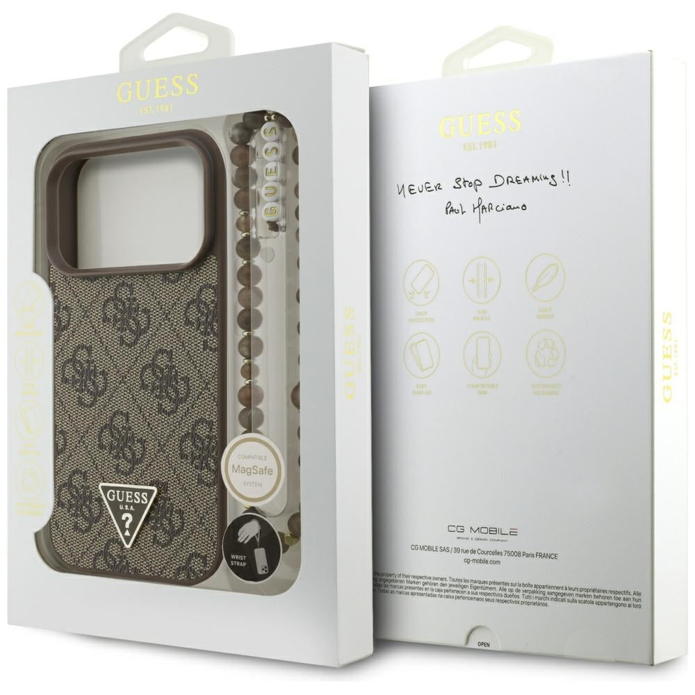 MagSafe futrola za Apple iPhone 17 Pro, Guess, 4G Triangle Logo s perlom, smeđa