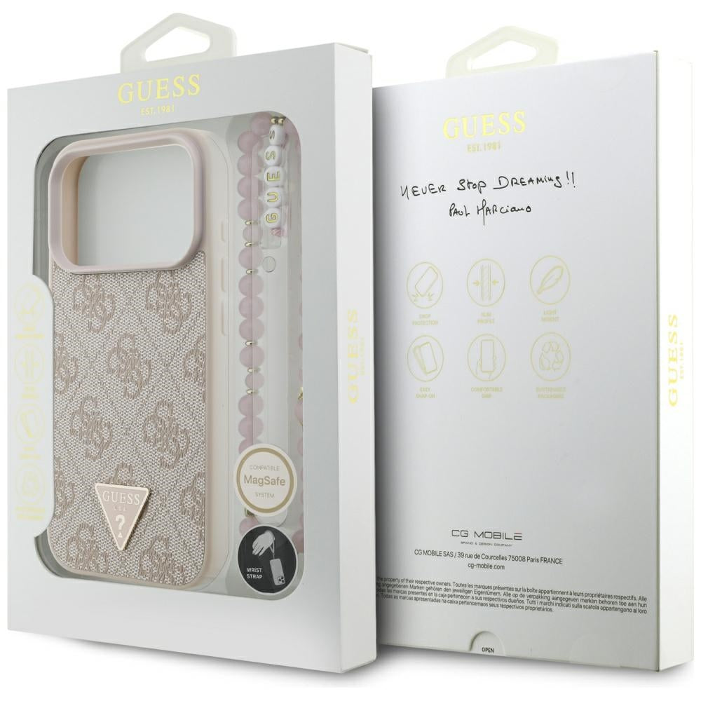 MagSafe futrola za Apple iPhone 17 Pro, Guess, 4G Triangle Logo s perl trakom, Roza