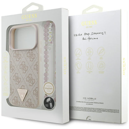 MagSafe futrola za Apple iPhone 17 Pro, Guess, 4G Triangle Logo s perl trakom, Roza