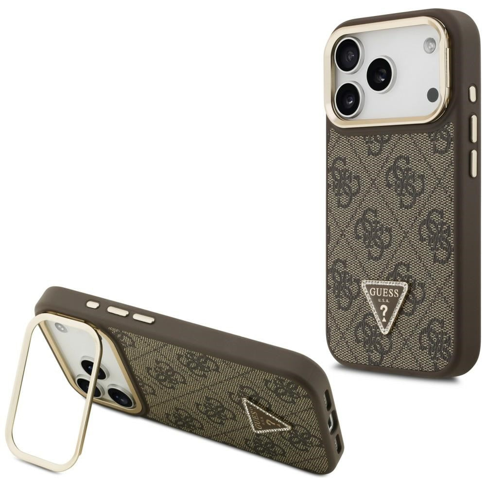 MagSafe futrola za Apple iPhone 17 Pro, Guess, 4G Triangle Logo sa stalkom za kameru, Zlatno smeđa