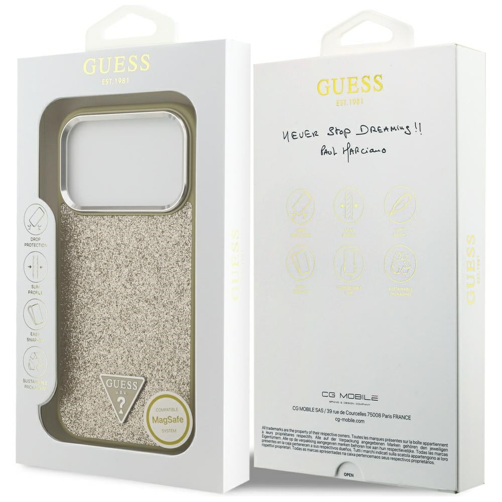 MagSafe futrola za Apple iPhone 17 Pro, Guess, Glitter Triangle Logo, Zlatna