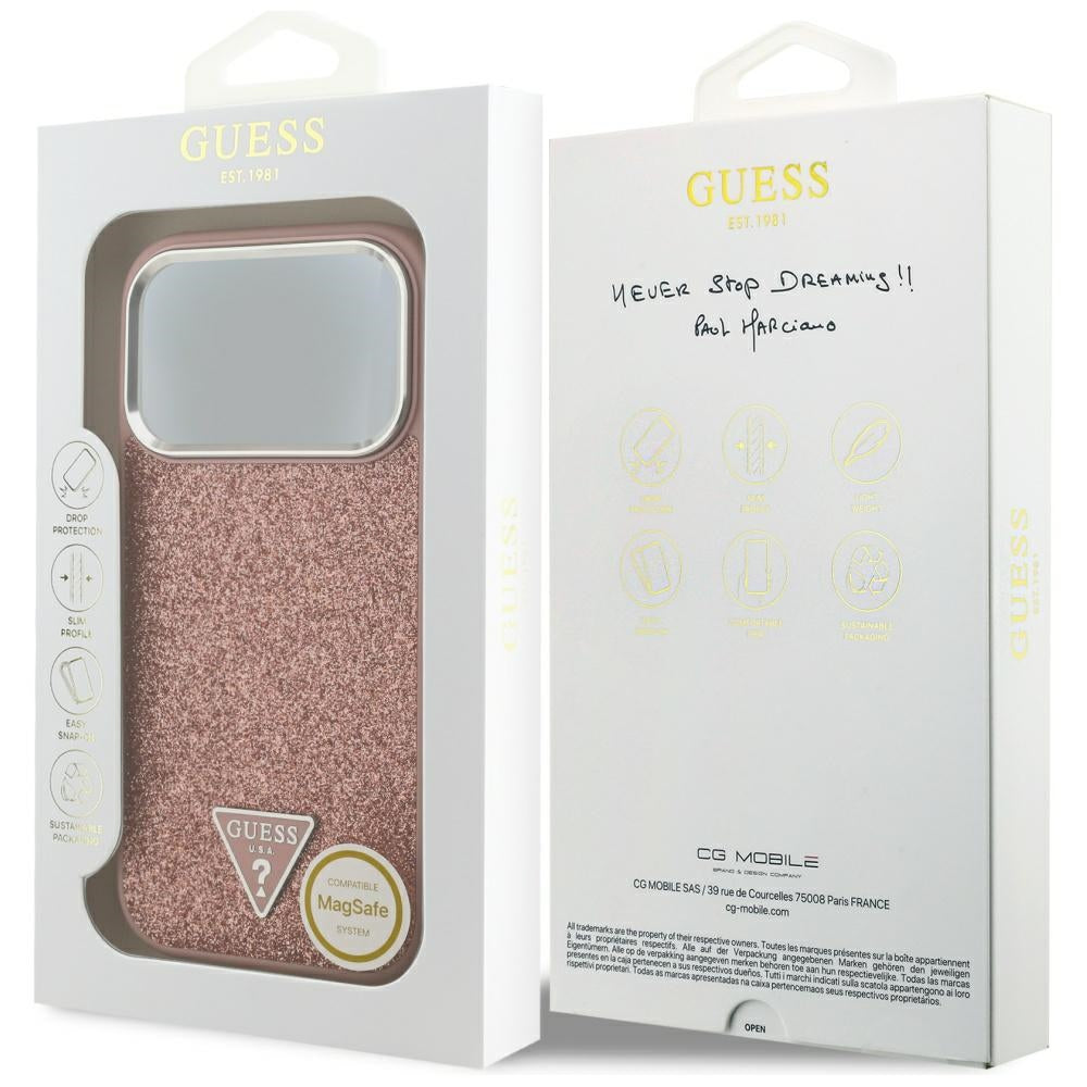 MagSafe torbica za Apple iPhone 17 Pro, Guess, Glitter Triangle Logo, Roza