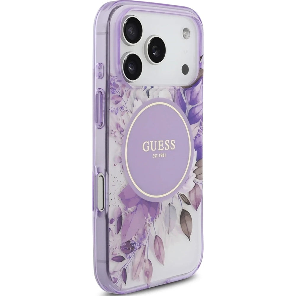 MagSafe torbica za Apple iPhone 17 Pro, Guess, IML Flower & Tonal Circle, Ljubičasta