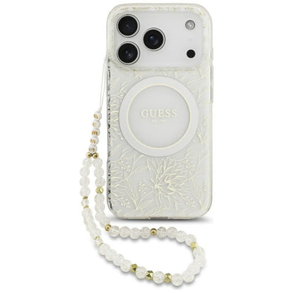 MagSafe torbica za Apple iPhone 17 Pro, Guess, IML Flowers Allover Electroplated with Pearl Strap, Bijela