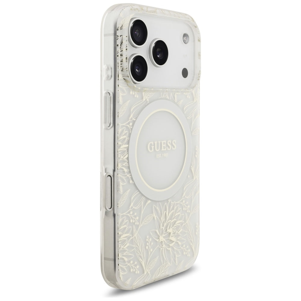 MagSafe torbica za Apple iPhone 17 Pro, Guess, IML Flowers Allover Electroplated with Pearl Strap, Bijela
