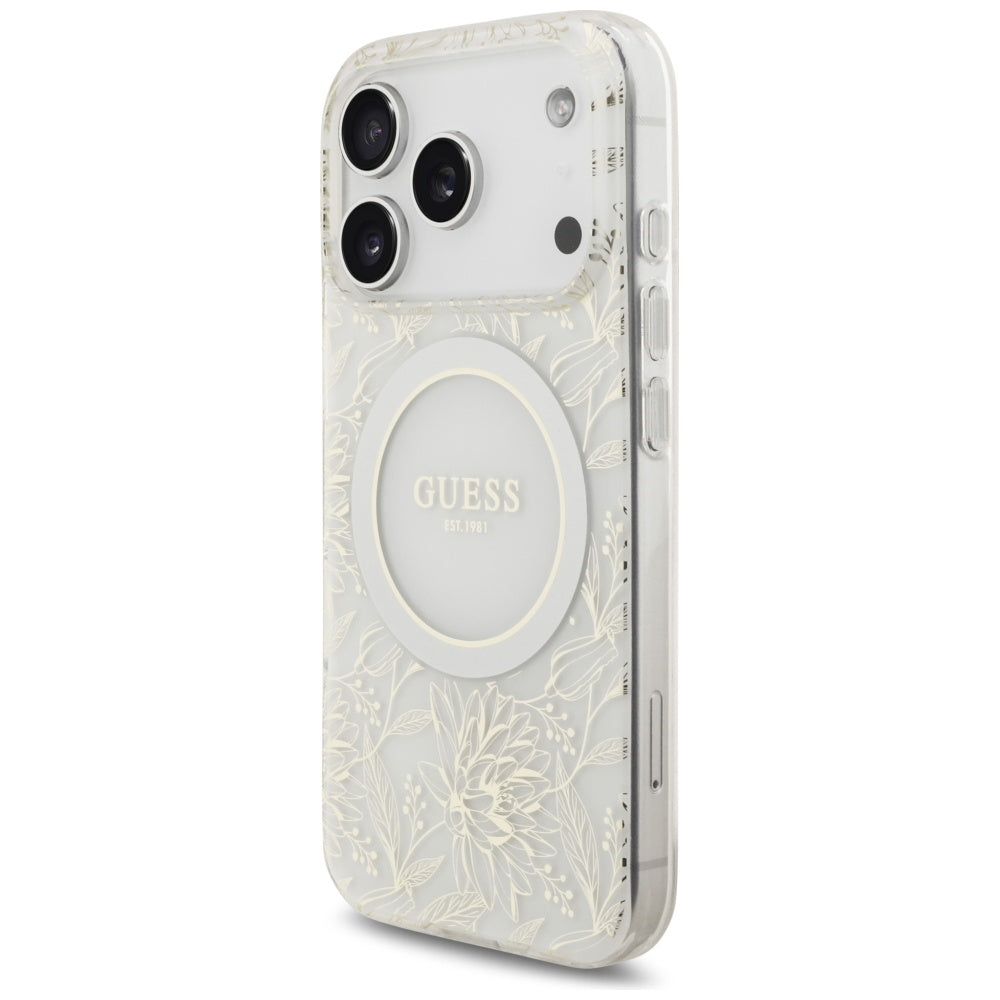 MagSafe torbica za Apple iPhone 17 Pro, Guess, IML Flowers Allover Electroplated with Pearl Strap, Bijela