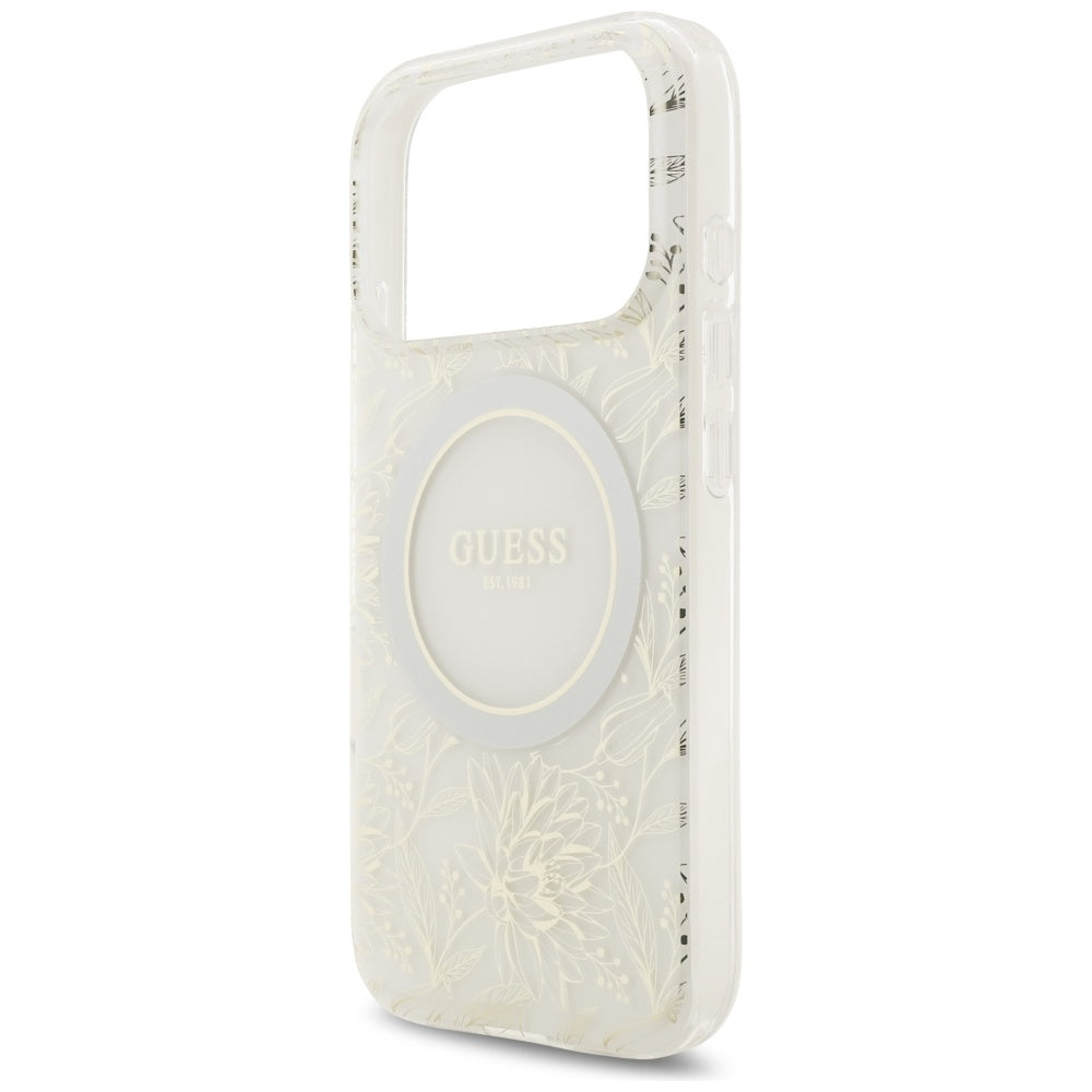 MagSafe torbica za Apple iPhone 17 Pro, Guess, IML Flowers Allover Electroplated with Pearl Strap, Bijela