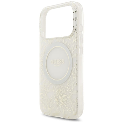 MagSafe torbica za Apple iPhone 17 Pro, Guess, IML Flowers Allover Electroplated with Pearl Strap, Bijela