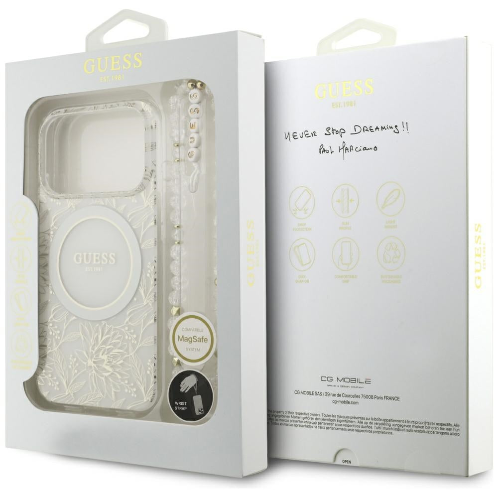 MagSafe torbica za Apple iPhone 17 Pro, Guess, IML Flowers Allover Electroplated with Pearl Strap, Bijela