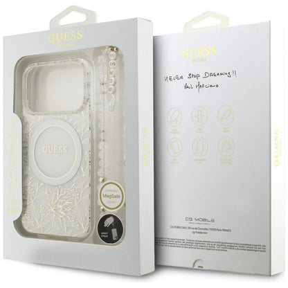 MagSafe torbica za Apple iPhone 17 Pro, Guess, IML Flowers Allover Electroplated with Pearl Strap, Bijela