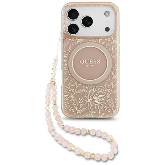 Futrola MagSafe za Apple iPhone 17 Pro, Guess, IML Flowers Allover Electroplated with Pearl Strap, Roza
