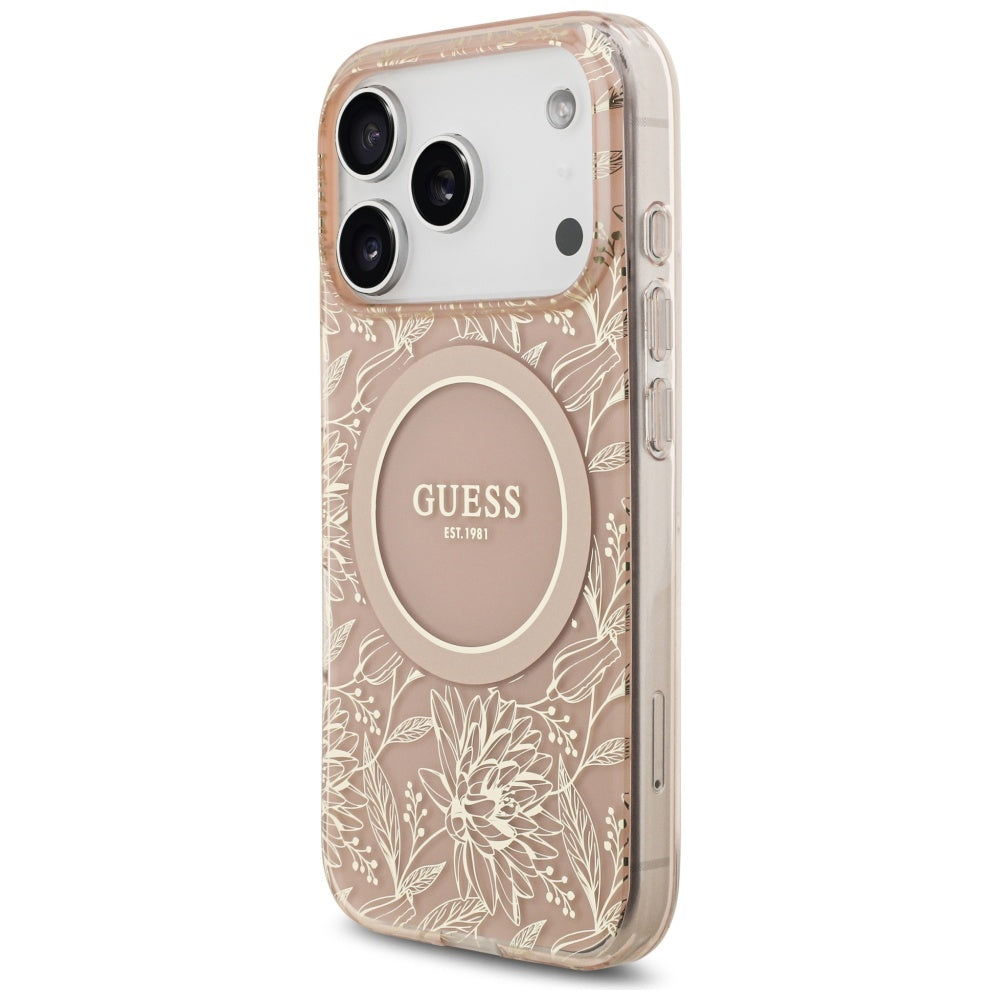 Futrola MagSafe za Apple iPhone 17 Pro, Guess, IML Flowers Allover Electroplated with Pearl Strap, Roza