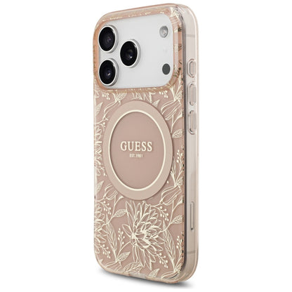 Futrola MagSafe za Apple iPhone 17 Pro, Guess, IML Flowers Allover Electroplated with Pearl Strap, Roza