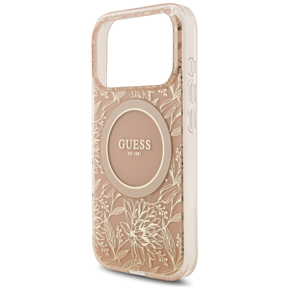 Futrola MagSafe za Apple iPhone 17 Pro, Guess, IML Flowers Allover Electroplated with Pearl Strap, Roza