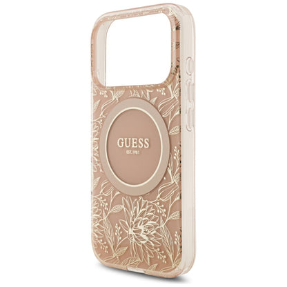 Futrola MagSafe za Apple iPhone 17 Pro, Guess, IML Flowers Allover Electroplated with Pearl Strap, Roza