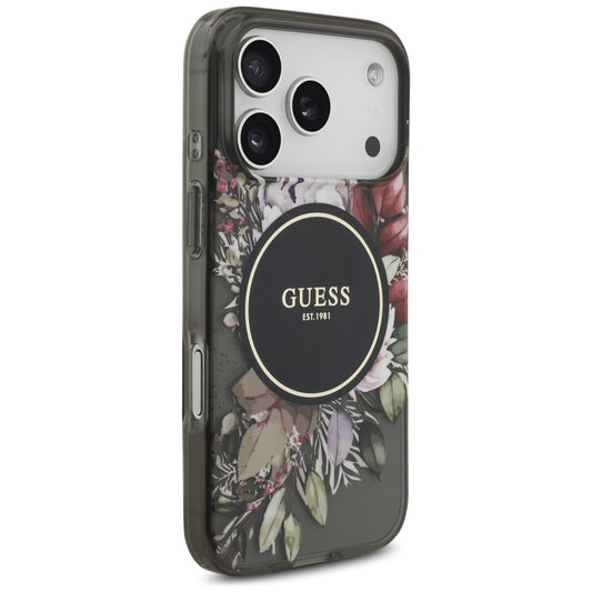 MagSafe futrola za Apple iPhone 17 Pro, Guess, IML Flowers with Pearl Strap, Crna