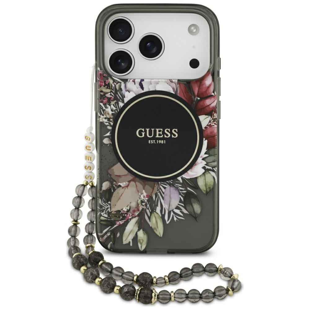 MagSafe futrola za Apple iPhone 17 Pro, Guess, IML Flowers with Pearl Strap, Crna