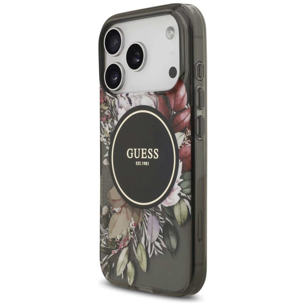 MagSafe futrola za Apple iPhone 17 Pro, Guess, IML Flowers with Pearl Strap, Crna