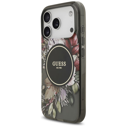 MagSafe futrola za Apple iPhone 17 Pro, Guess, IML Flowers with Pearl Strap, Crna