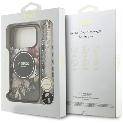 MagSafe futrola za Apple iPhone 17 Pro, Guess, IML Flowers with Pearl Strap, Crna