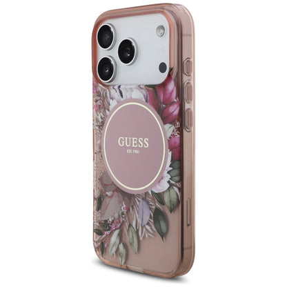 MagSafe torbica za Apple iPhone 17 Pro, Guess, IML Flowers with Pearl Strap, Roza