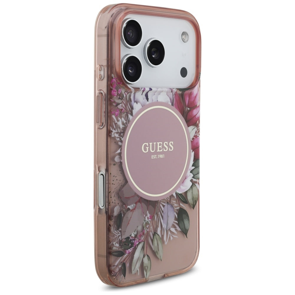 MagSafe torbica za Apple iPhone 17 Pro, Guess, IML Flowers with Pearl Strap, Roza