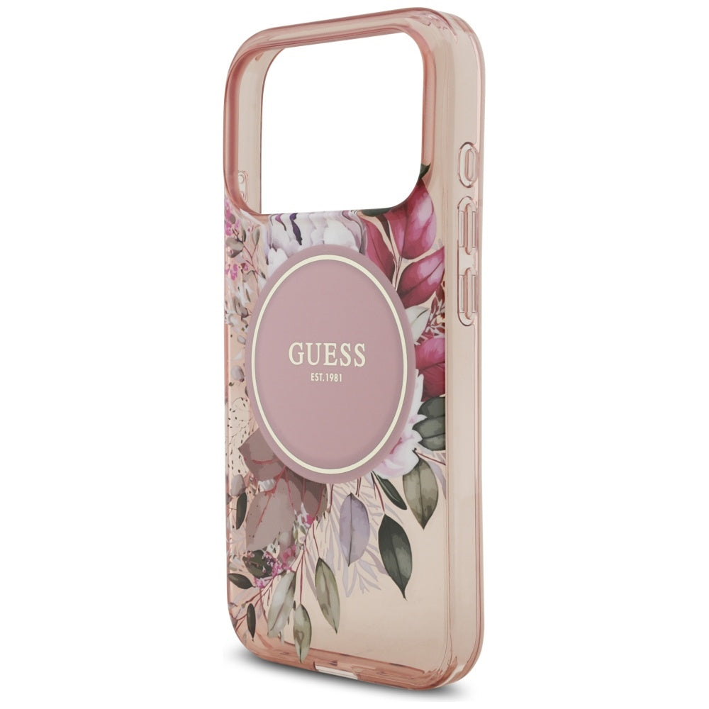MagSafe torbica za Apple iPhone 17 Pro, Guess, IML Flowers with Pearl Strap, Roza