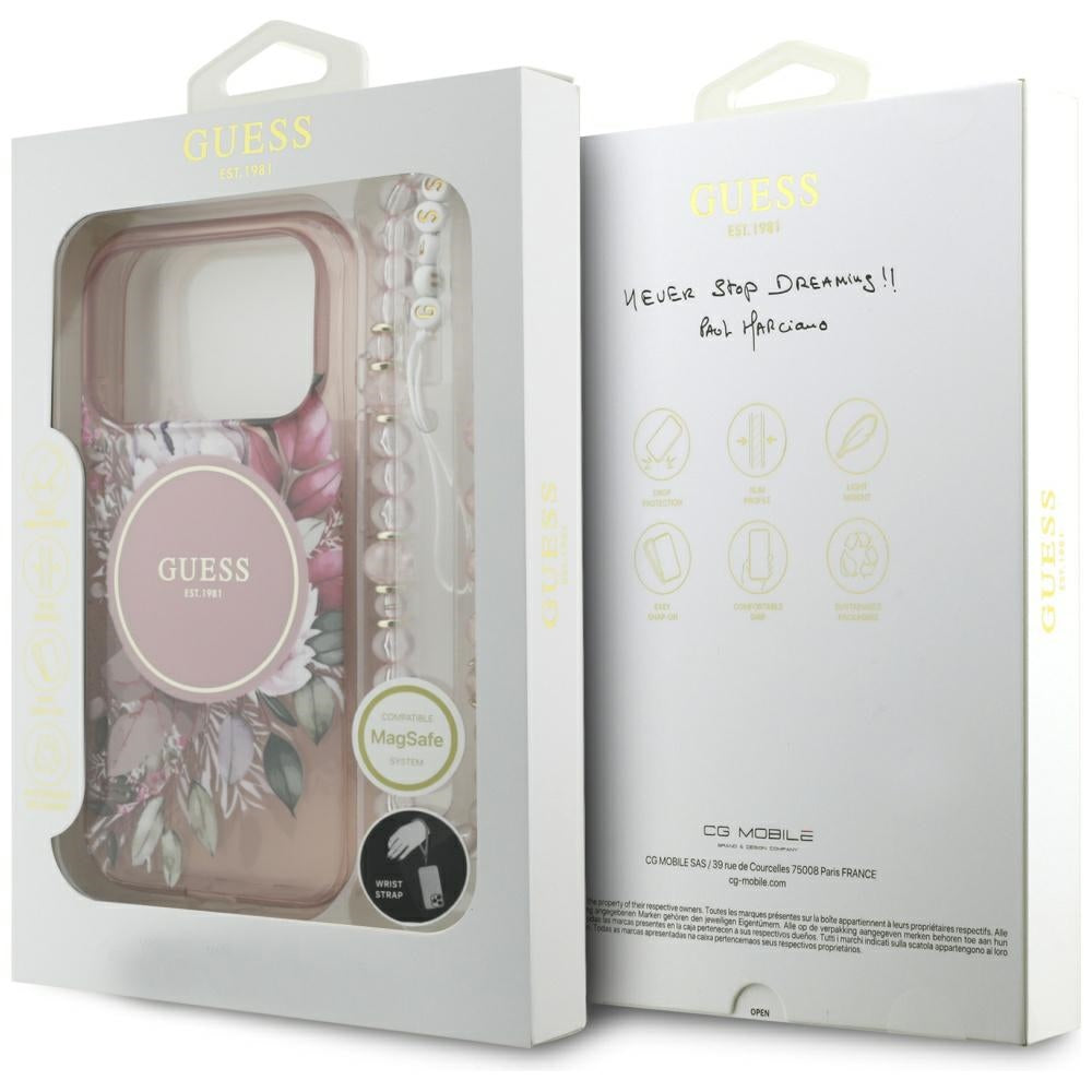 MagSafe torbica za Apple iPhone 17 Pro, Guess, IML Flowers with Pearl Strap, Roza