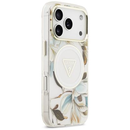 MagSafe futrola za Apple iPhone 17 Pro, Guess, IML Metal Glitter Flowers Triangle, Bijela
