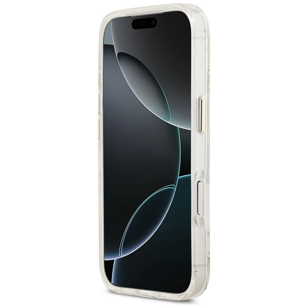 MagSafe futrola za Apple iPhone 17 Pro, Guess, IML Metal Glitter Flowers Triangle, Bijela