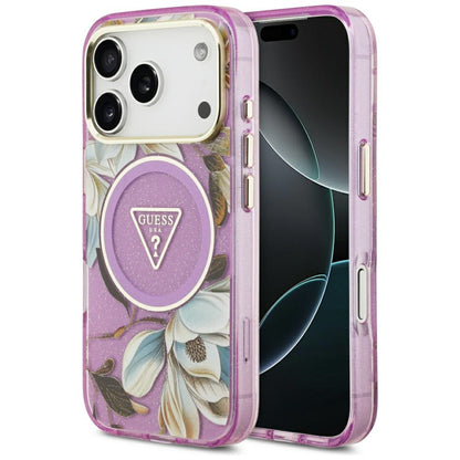 Husa MagSafe za Apple iPhone 17 Pro, Guess, IML Metal Glitter Flowers Triangle, Ljubičasta