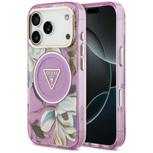 Husa MagSafe za Apple iPhone 17 Pro, Guess, IML Metal Glitter Flowers Triangle, Ljubičasta